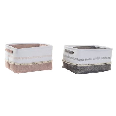 Multifunktionell korg DKD Home Decor Grå Polyester Ljusrosa Boho (34 x 27 x 20 cm) (2 antal)