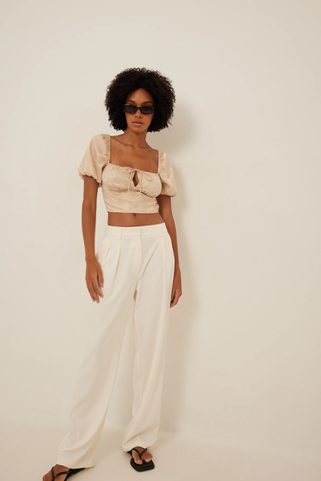 NA-KD Boho Short Sleeve Tie Front Satin Top - Beige