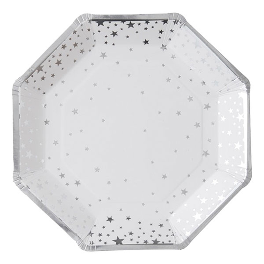 Papperstallrikar Oktagon Stjärnor Silver Metallic - 8-pack