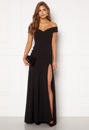Goddiva Bardot Pleat Maxi Split Dress Black L (UK14)