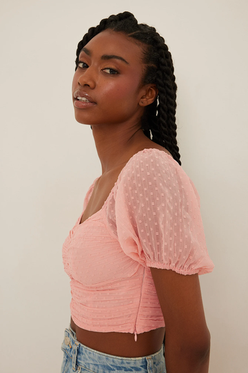 NA-KD Boho Short Sleeve Cropped Dobby Top - Pink