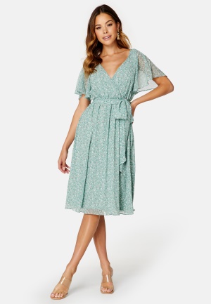 Goddiva Ditsy Flutter Sleeve Midi Dress Duck Egg S (UK10)