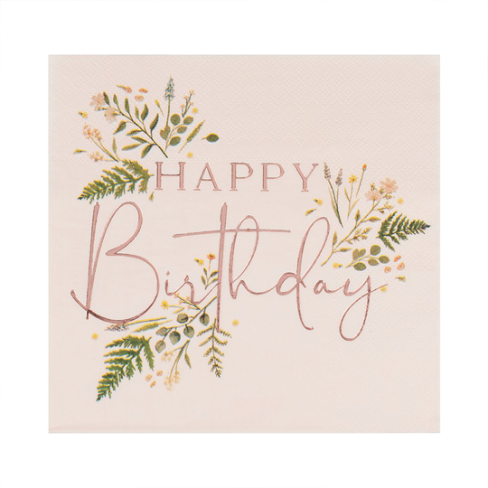 Servetter - Happy Birthday - Floral/Roséguld