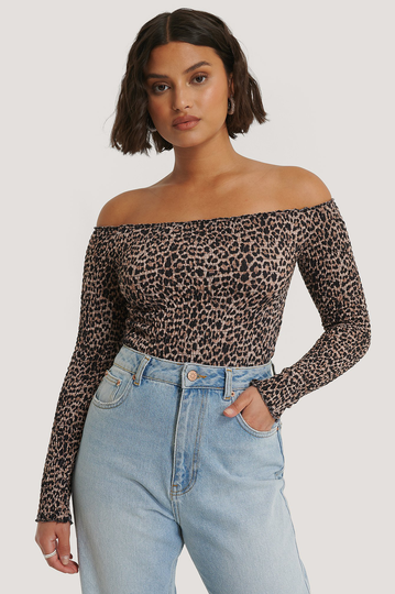 NA-KD Boho Off-Shoulder-Topp Med Lång Ärm - Leopard