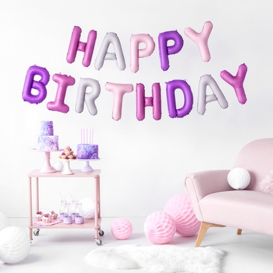 Bokstavsballonger - Happy Birthday - Rosa/Lila/Vit