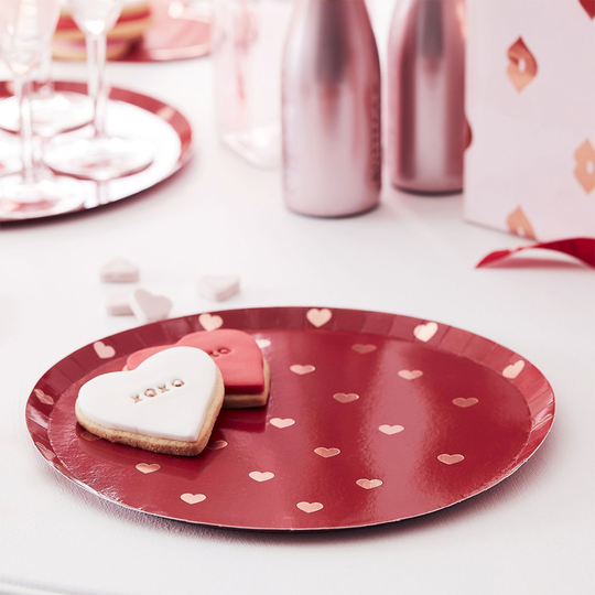 Papptallrikar - Valentines - Röda/Roséguld