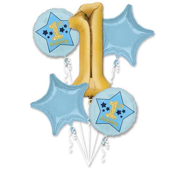Ballongbukett - 1st Birthday - Blå/Guld