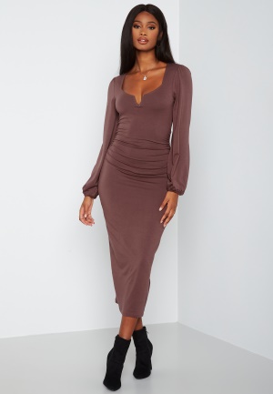 BUBBLEROOM Rudina puff sleeve midi dress Brown L