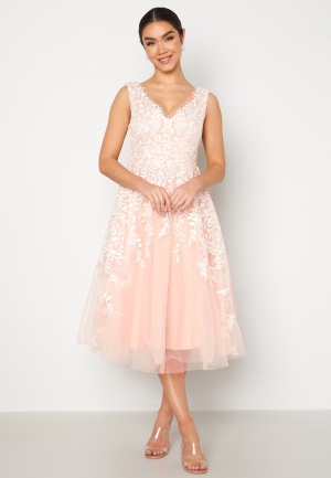 Goddiva Bardot Embroidered Midi Dress Nude XS (UK8)
