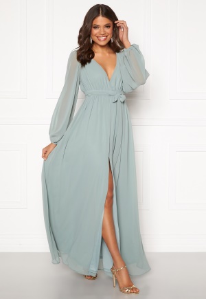 Goddiva Long Sleeve Chiffon Dress Sage Green L (UK14)