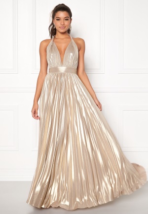 Goddiva Deep V Neck Metallic Dress Gold XS (UK8)
