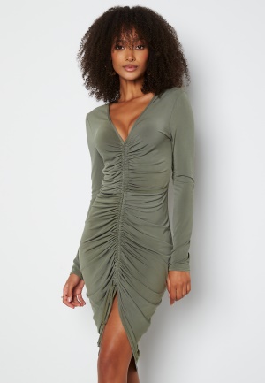 Goddiva Rouched Front Midi Dress Khaki L (UK14)