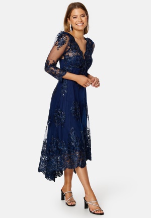 Goddiva Embroidered Lace 3/4 Sleeve Midi Dress Navy L (UK14)