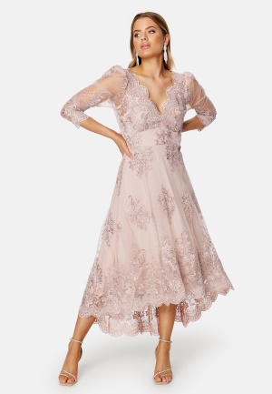 Goddiva Embroidered Lace 3/4 Sleeve Midi Dress Blush S (UK10)