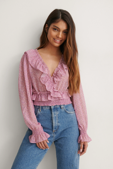 NA-KD Boho Recycled croppad volangtopp - Pink