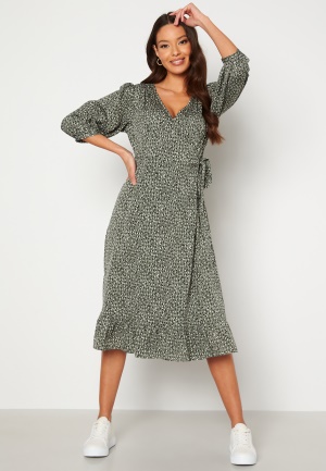 ONLY Oliva Wrap Midi Dress Balsam Green AOP S