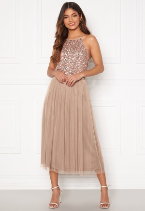 AngelEye High Neck Sequin Midi Dress Taupe S (UK10)