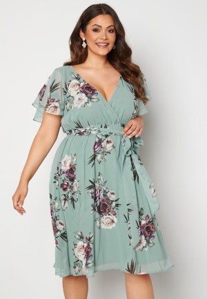 Goddiva Curve Floral Flutter Sleeve Midi Curve Dress Duck Egg 50 (UK22)