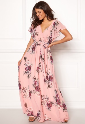 Goddiva Flutter Floral Maxi Dress Peach M (UK12)