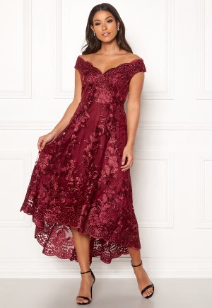 Goddiva Embroidered Lace Dress Wine S (UK10)