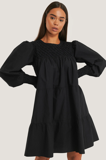NA-KD Boho Smocked Poplin Dress - Black