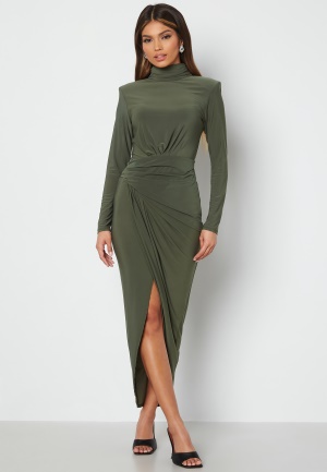 John Zack High Neck Rouch Maxi Dress Khaki XS (UK8)