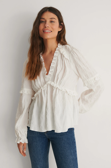 NA-KD Boho Recycled lS volangblus med struktur - White