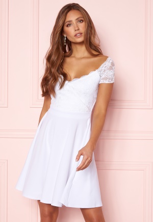 Goddiva Short Sleeve Lace Trim Skater Dress White XXS (UK6)