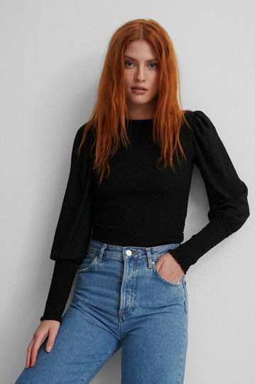 NA-KD Boho Topp Med Smock Och Puffärm - Black