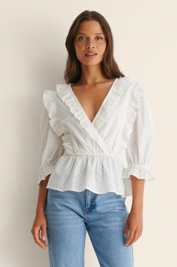 NA-KD Boho Kortärmad Anglaise Topp - White
