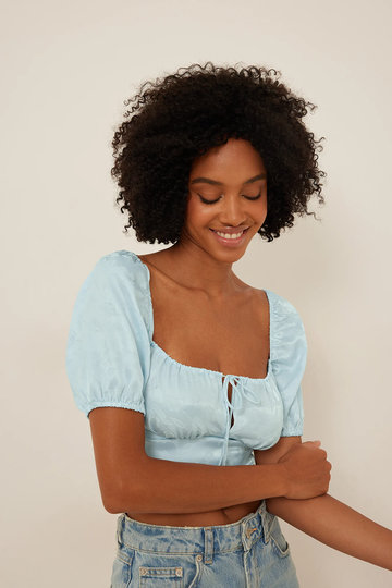 NA-KD Boho Short Sleeve Tie Front Satin Top - Blue