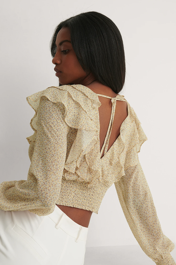 NA-KD Boho Recycled blus med volanger - Yellow,Flower