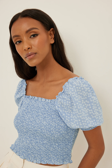 NA-KD Boho Recycled återvunnen croppad topp med smock - Blue,Flower