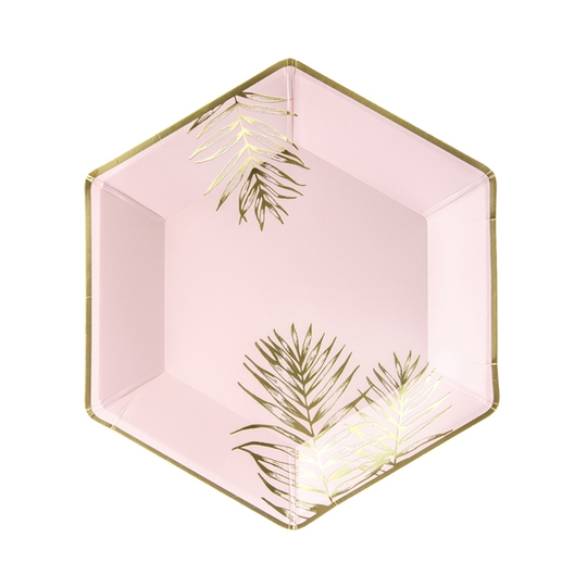 Papptallrikar - Leaves - Rosa/Guld