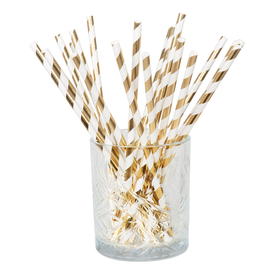 Papperssugrör Guldmetallic/Vit Randiga - 20-pack