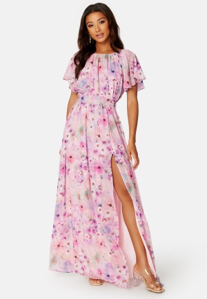 Goddiva Floral Flutter Chiffon Open Back Maxi Dress Pink S (UK10)