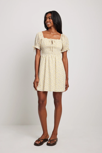 NA-KD Boho Miniklänning med puffärmar - Yellow,Flower