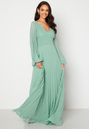 Goddiva Pleated Balloon Sleeve Maxi Dress Sage Green L (UK14)