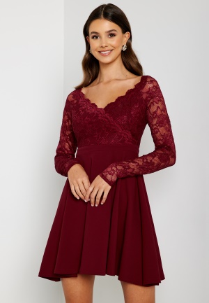 Goddiva Long Sleeve Lace Skater Dress Wine L (UK14)