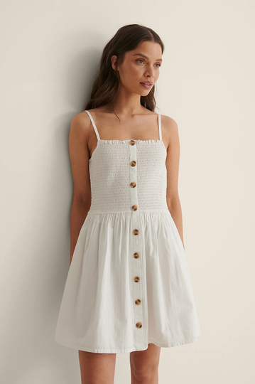 NA-KD Boho Smockad Klänning Med Knappar - White