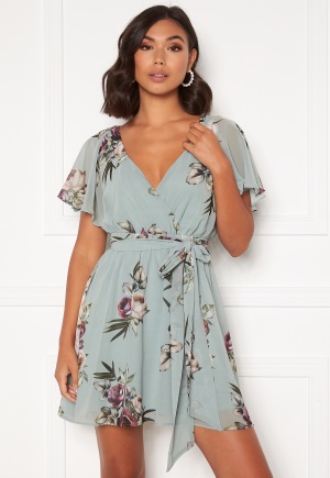 Goddiva Floral Flutter Skater Dress Duck Egg M (UK12)