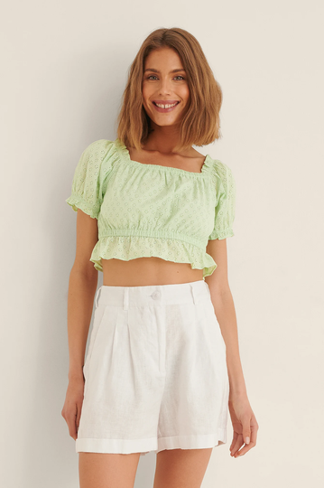 NA-KD Boho Ekologisk topp med Anglaise och puffärm - Green