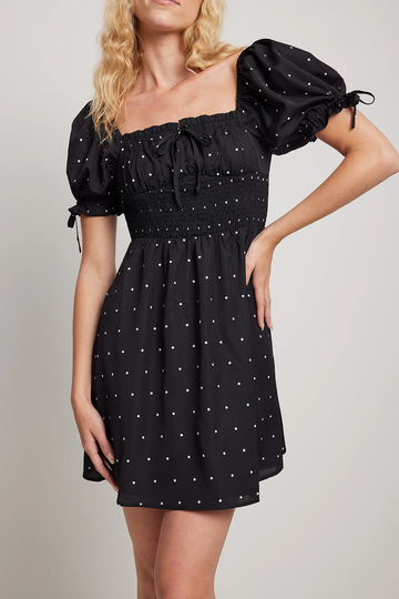NA-KD Boho Miniklänning med puffärmar - Black,Dotted