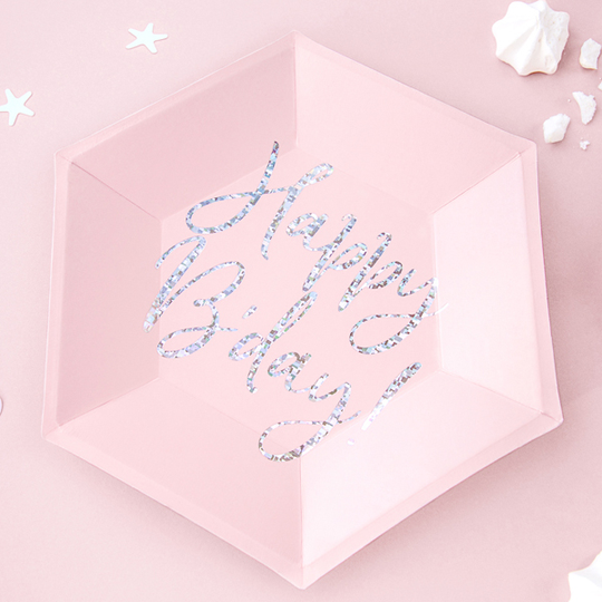 Desserttallrikar - Happy B-day - Rosa/Iridescent