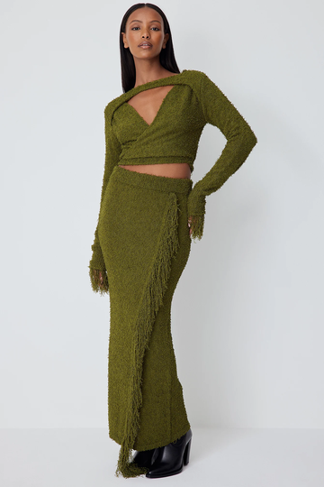 NA-KD Trend Stickad kjol med fransdetaljer - Green