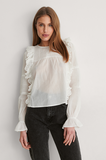 NA-KD Boho Volangblus Med Lång Ärm - White