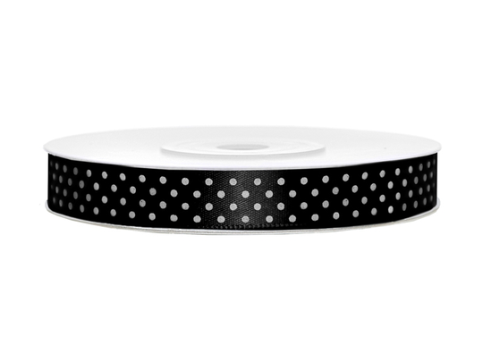 Satinband - 12 mm - Svart med vita prickar