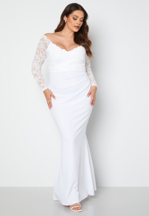Goddiva Curve Long Sleeve Lace Trim Maxi Dress White 46 (UK18)