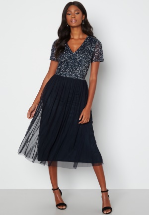 AngelEye Short Sleeve Sequin Embellished Midi Dress Navy L (UK14)