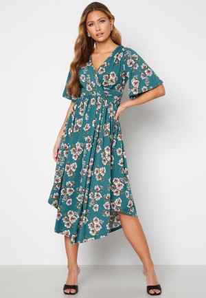 Bubbleroom Occasion Valeria Butterfly Sleeve Dress Petrol / Patterned S